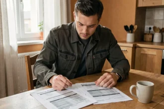 Homme comparant des devis d'assurance moto sur une table, cherchant la meilleure offre au meilleur prix
