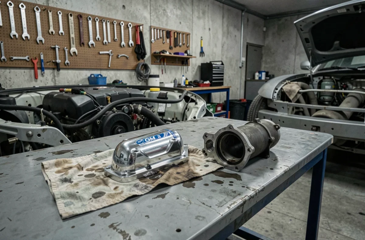 Comparaison entre une pièce auto générique pas chère et une pièce d'origine sur un établi de garage