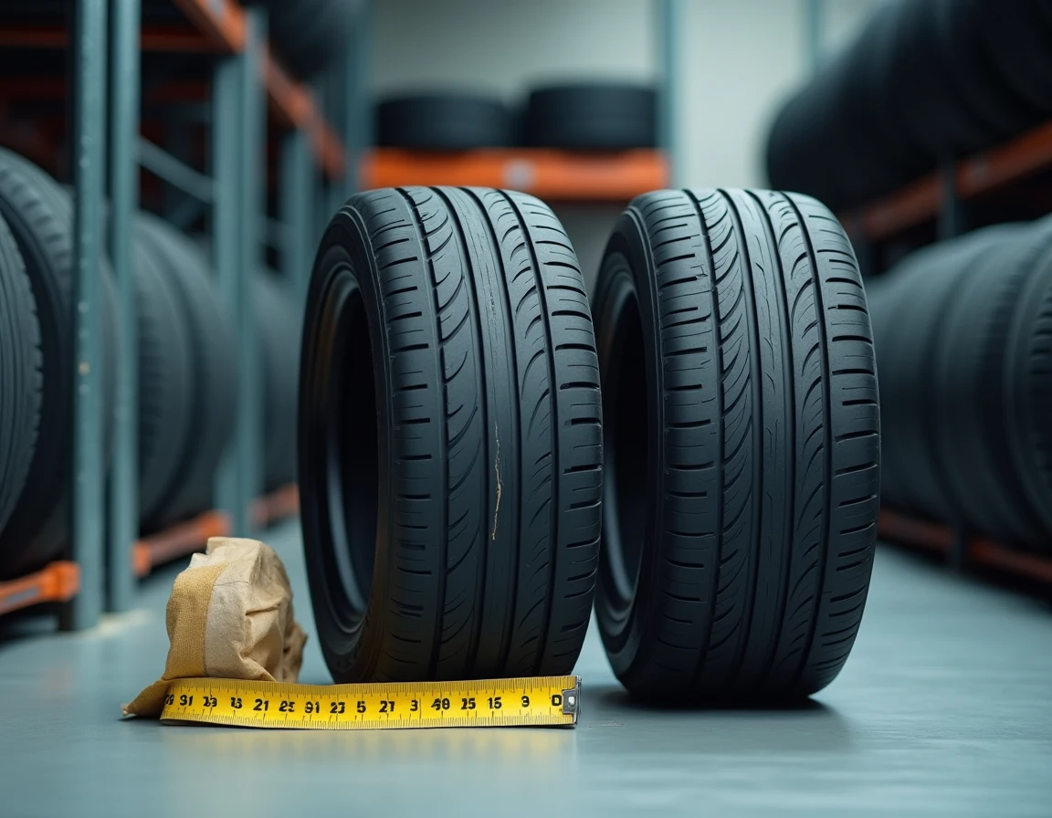 Comparaison de deux pneus de tailles différentes avec ruban de mesure et guide de dimensions dans un atelier automobile