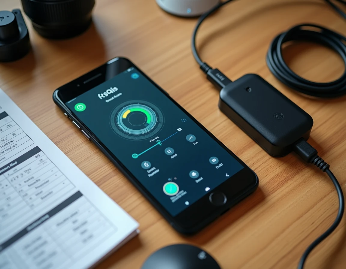Comparaison entre un smartphone et un détecteur de traceur GPS matériel posés sur un bureau en bois