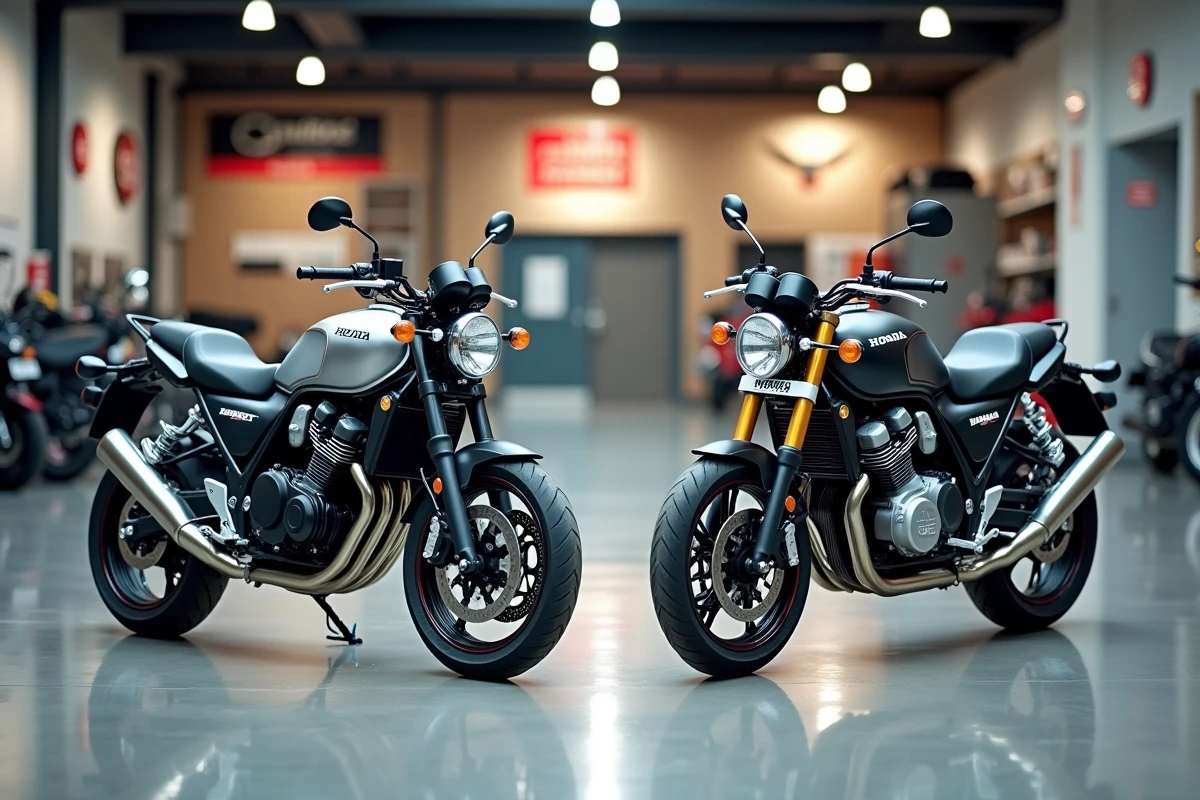 Comparatif Honda CB 900 Hornet et Bol d'Or côte à côte dans une concession moto moderne, vue frontale symétrique