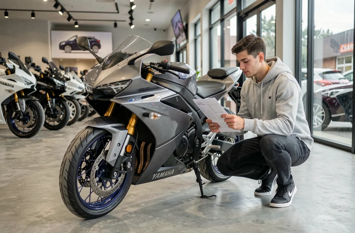 Jeune homme comparant des fiches techniques devant une Yamaha R7 dans une concession moto moderne, guide achat 2026