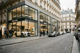 Vue panoramique d'une rue de concessionnaires automobiles à Paris en Île-de-France