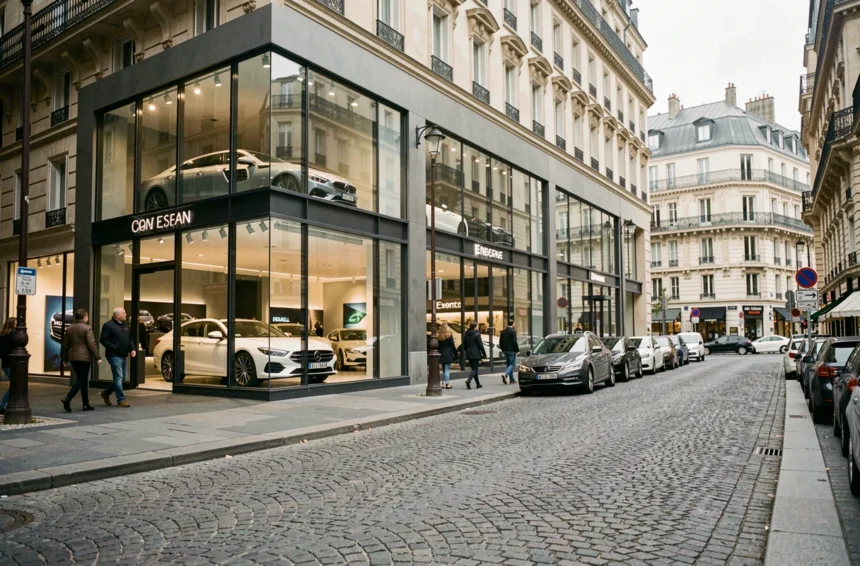 Vue panoramique d'une rue de concessionnaires automobiles à Paris en Île-de-France