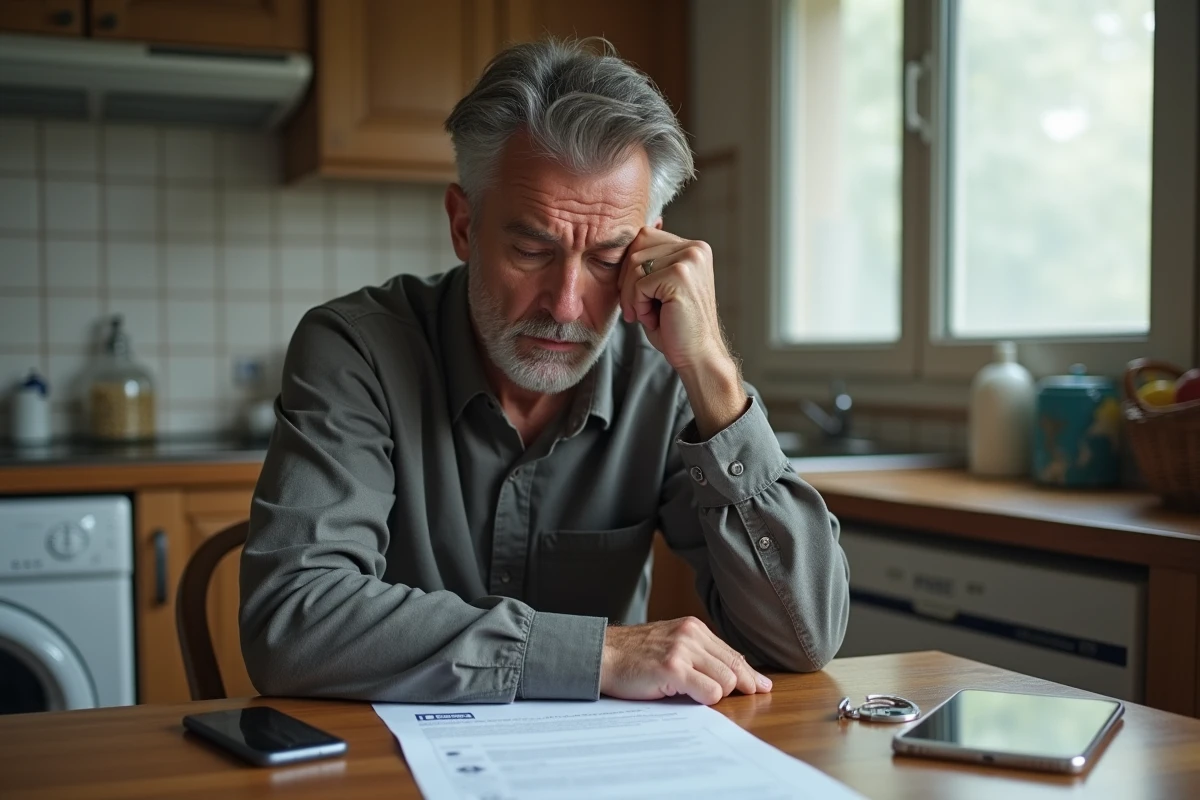Homme inquiet consultant une amende pour plaque d'immatriculation noire et vérifiant le retrait de points sur son permis