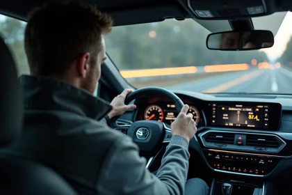 Conducteur regardant le compteur de vitesse affichant miles et kilomètres par heure dans une voiture moderne