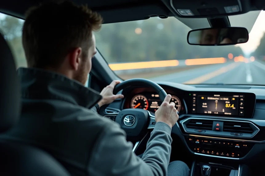 Conducteur regardant le compteur de vitesse affichant miles et kilomètres par heure dans une voiture moderne