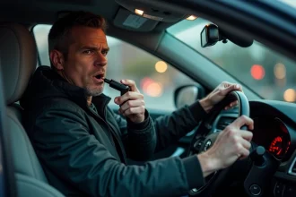 Conducteur soufflant dans un éthylotest au volant de sa voiture en milieu urbain