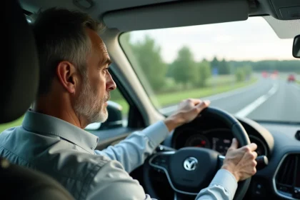 Conducteur au péage d'une autoroute française lors d'un trajet domicile-travail quotidien