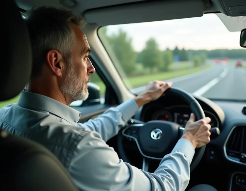 Conducteur au péage d'une autoroute française lors d'un trajet domicile-travail quotidien