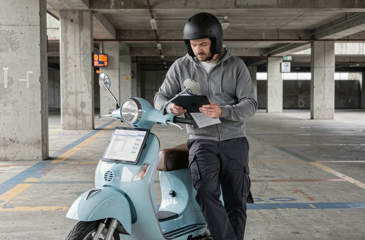 Conducteur de scooter consultant une assurance en ligne sur tablette dans un parking urbain
