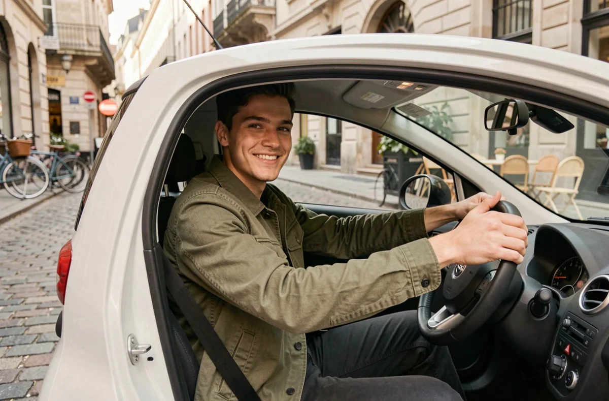 Jeune homme au volant d'une voiture sans permis dans une rue urbaine européenne