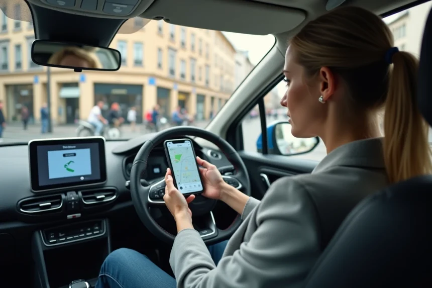 Une conductrice utilisant une application de coaching de conduite urbaine sur son smartphone monté dans sa voiture en ville