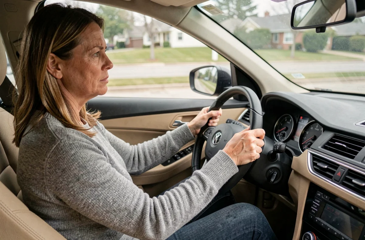 Conductrice ressentant des vibrations au volant de sa voiture en conduisant sur une route de banlieue