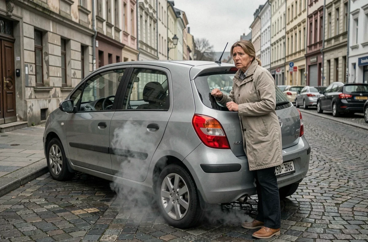 Conductrice inquiète observant la fumée d'échappement de sa voiture essence en panne à cause d'une vanne EGR défectueuse