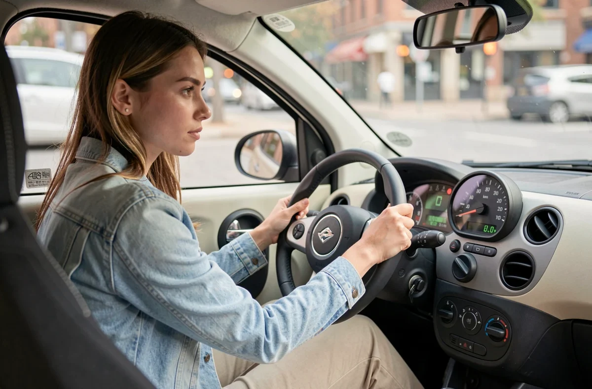 Jeune femme conduisant une voiture sans permis, tableau de bord visible avec compteur à 80 km/h