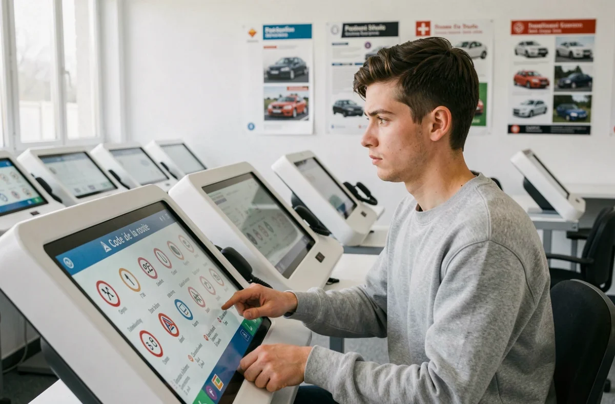 Un élève de Conduite 3D à Pontarlier préparant l'examen du code de la route sur un terminal interactif dans une salle moderne
