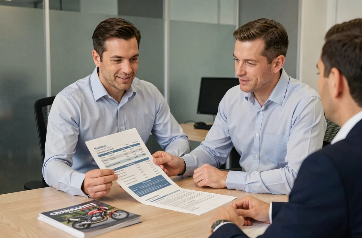 Conseiller en assurance expliquant les options de tarification d'une assurance moto à un client en agence