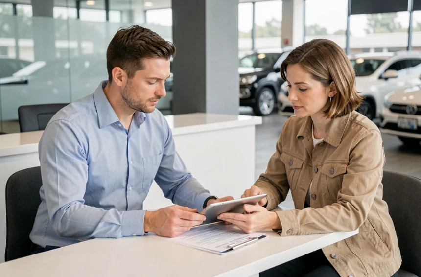 Conseiller SAV Aramisauto expliquant les démarches après-vente à une cliente dans un espace de réception moderne
