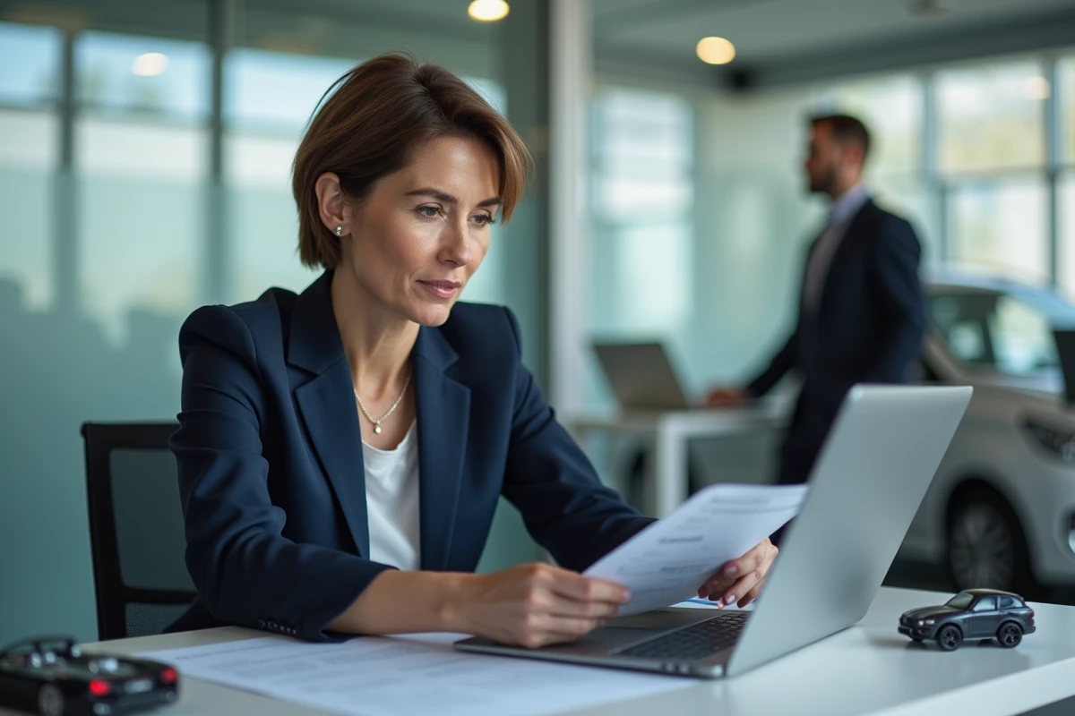 Femme consultant un contrat d'achat de voiture neuve dans un bureau de concession