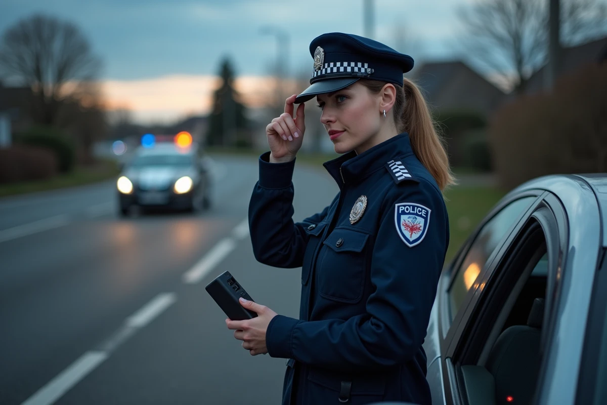 Policière effectuant un contrôle d'alcoolémie sur la route lors d'un contrôle routier