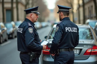 Policier français contrôlant une plaque d'immatriculation noire sur une voiture garée en ville