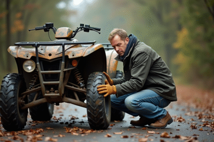 Homme vérifiant les pneus d'un quad dans un cadre rural
