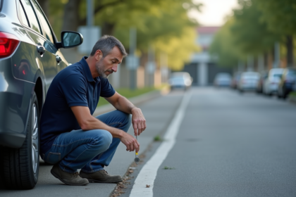 Homme vérifiant l'usure des pneus d'une voiture en extérieur