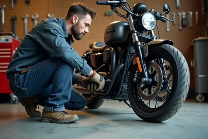 Mécanicien inspectant l'étrier de frein avant d'une moto dans un garage privé lors d'un contrôle technique maison