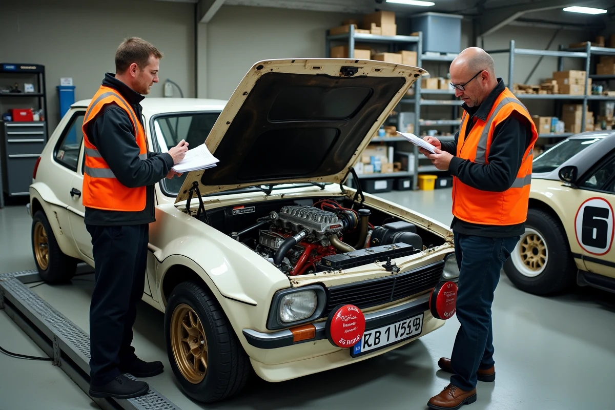 Vérification technique d'une voiture de rallye homologuée lors du contrôle scrutineering officiel