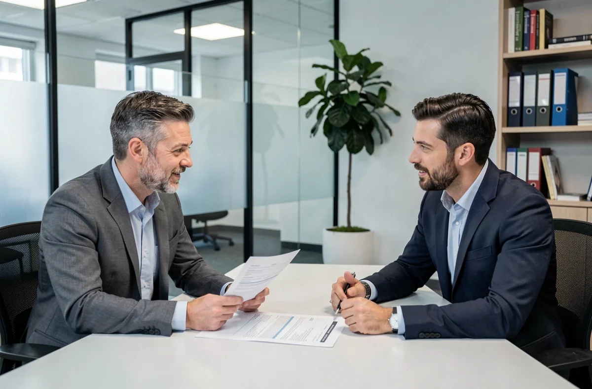Couple en réunion avec un conseiller en assurance auto dans un bureau professionnel pour optimiser leurs garanties