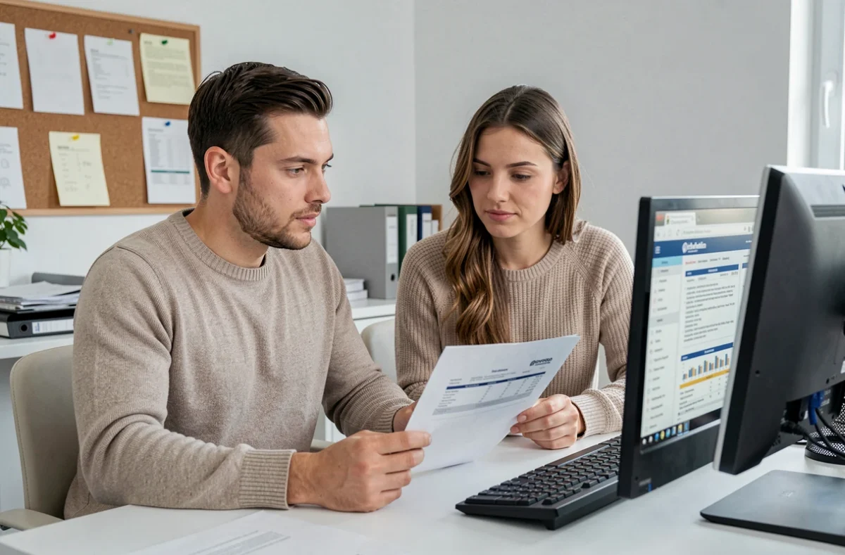 Couple comparant des devis d'assurance auto pas chère dans un bureau à domicile