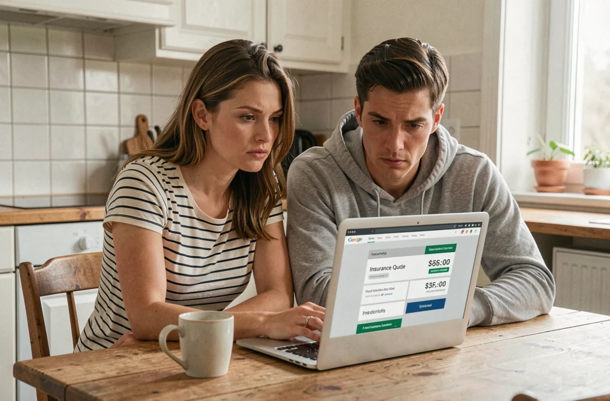 Couple comparant des devis d'assurance auto en ligne sur un ordinateur portable dans leur cuisine