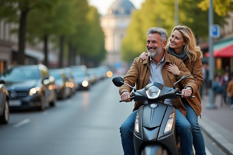 Couple à scooter en ville avec ambiance urbaine détendue