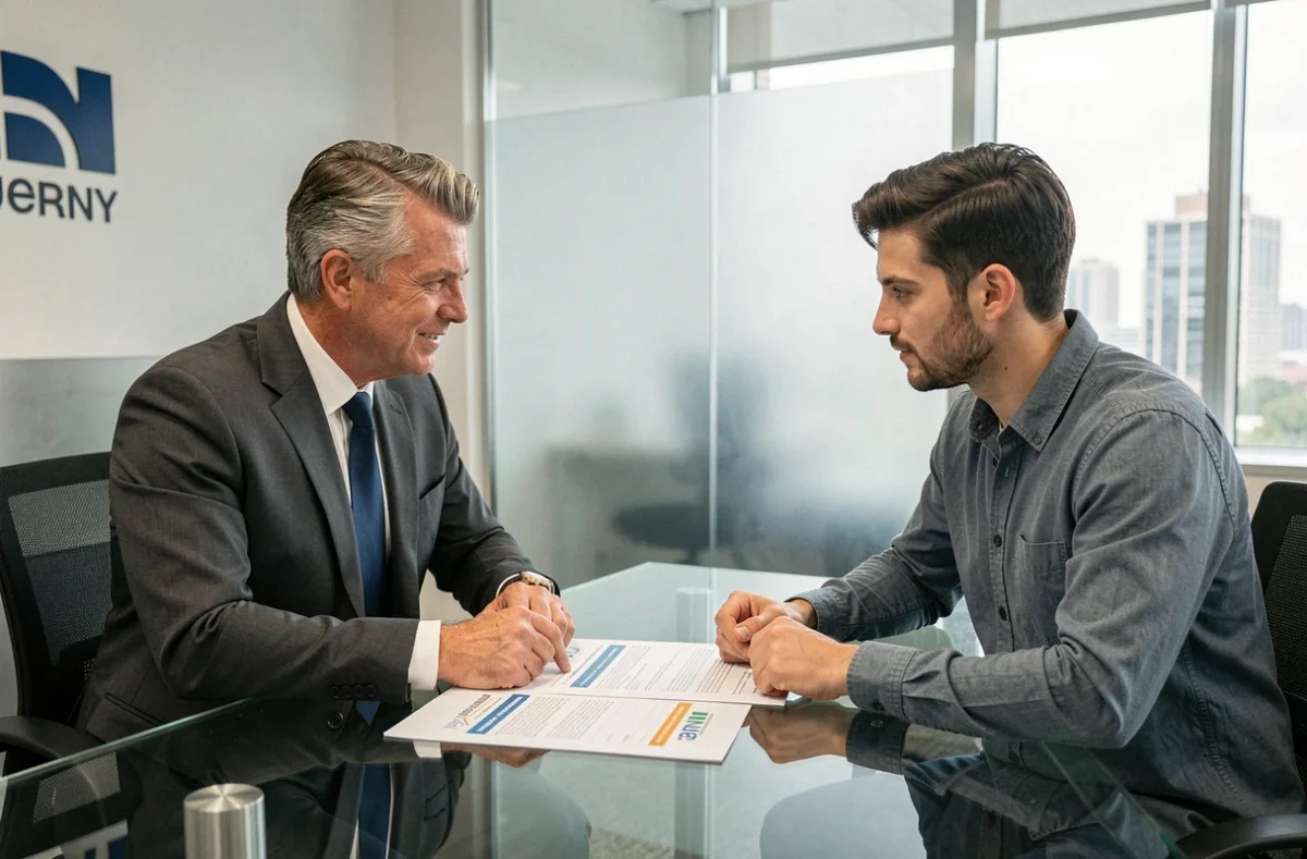 Courtier en assurance et entrepreneur discutant d'un contrat d'assurance auto obligatoire en agence
