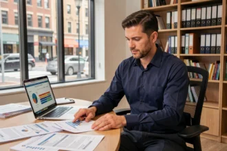 Courtier en assurance moto analysant des documents et comparant des offres d'assurance sur son bureau