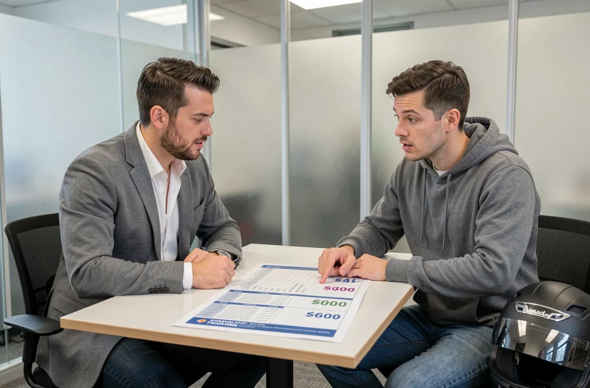 Courtier expliquant à un client les options d'assurance moto économiques dans une agence moderne