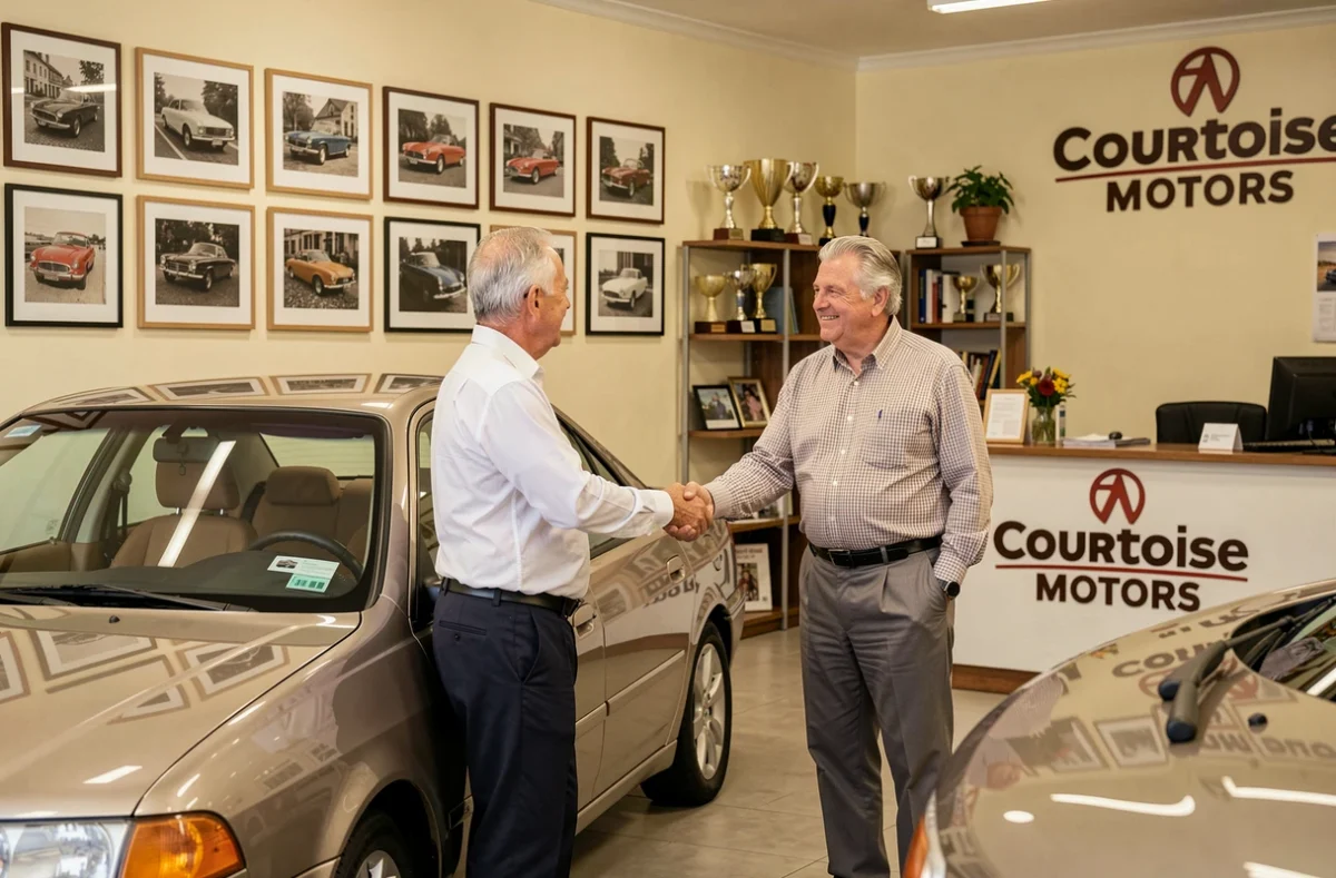 Accueil chaleureux du concessionnaire indépendant Courtoise Motors avec propriétaire et client