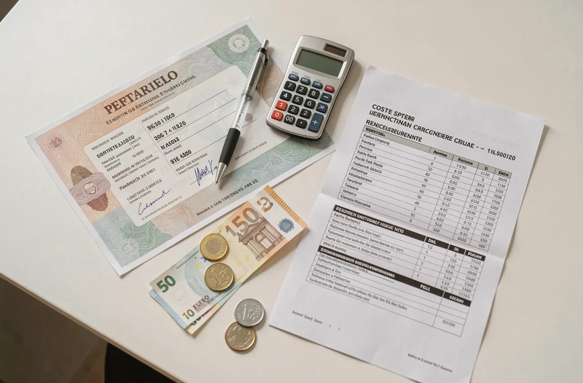 Carte grise, calculatrice et billets en euros illustrant le coût de la carte grise pour une voiture sans permis