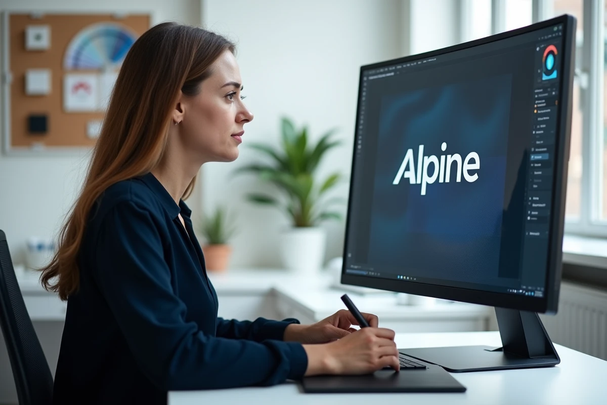 Designer travaillant sur des itérations vectorielles du logo Alpin sur ordinateur dans une agence moderne