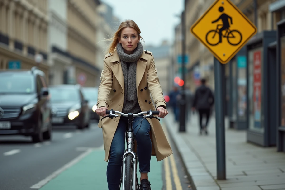 Jeune femme cycliste sur une route prioritaire en ville