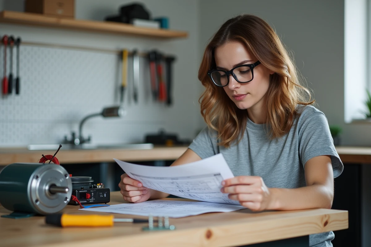 Femme débutante consultant un schéma de câblage pour remplacer un condensateur sur un moteur électrique