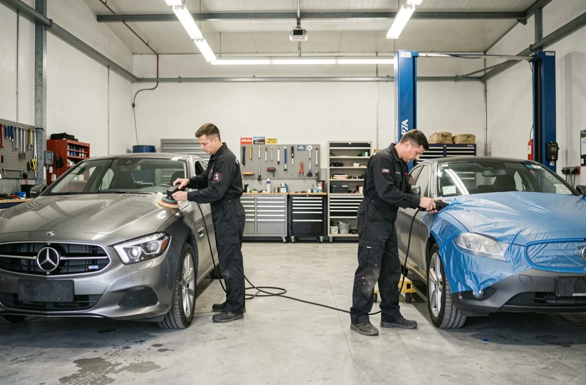 Vue intérieure de Delta Garage en Isère avec des mécaniciens effectuant des réparations de carrosserie sur deux véhicules simultanément