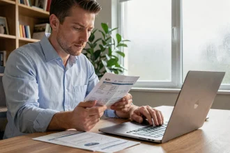 Homme consultant un document de carte grise en ligne depuis son bureau à domicile, illustrant les démarches administratives pour obtenir une carte grise