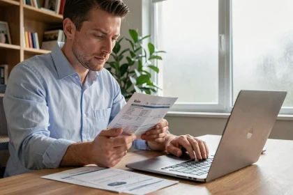 Homme consultant un document de carte grise en ligne depuis son bureau à domicile, illustrant les démarches administratives pour obtenir une carte grise