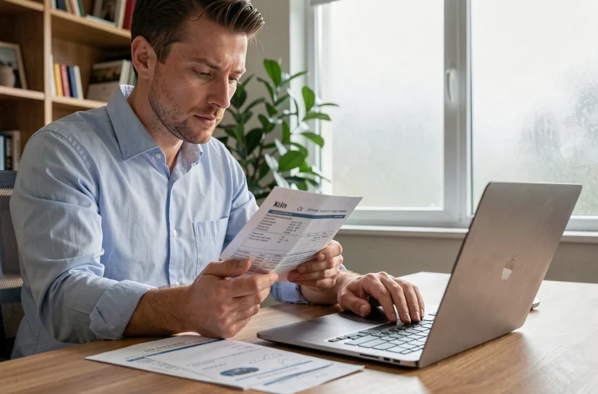 Homme consultant un document de carte grise en ligne depuis son bureau à domicile, illustrant les démarches administratives pour obtenir une carte grise
