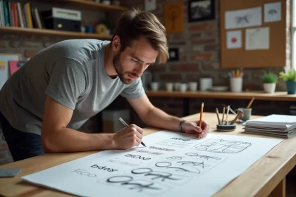 Designer graphique étudiant des croquis de logo Alpine sur une table à dessin en bois dans un studio créatif