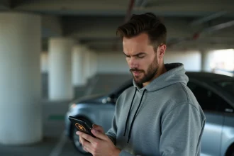 Homme tenant un smartphone avec une application de détection de traceur GPS dans un parking urbain