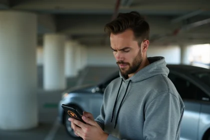 Homme tenant un smartphone avec une application de détection de traceur GPS dans un parking urbain