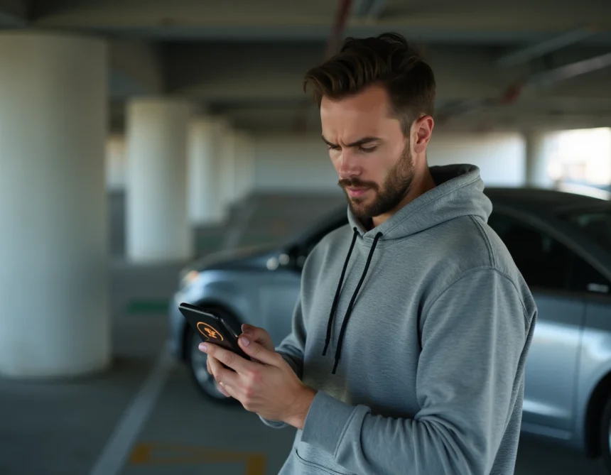 Homme tenant un smartphone avec une application de détection de traceur GPS dans un parking urbain